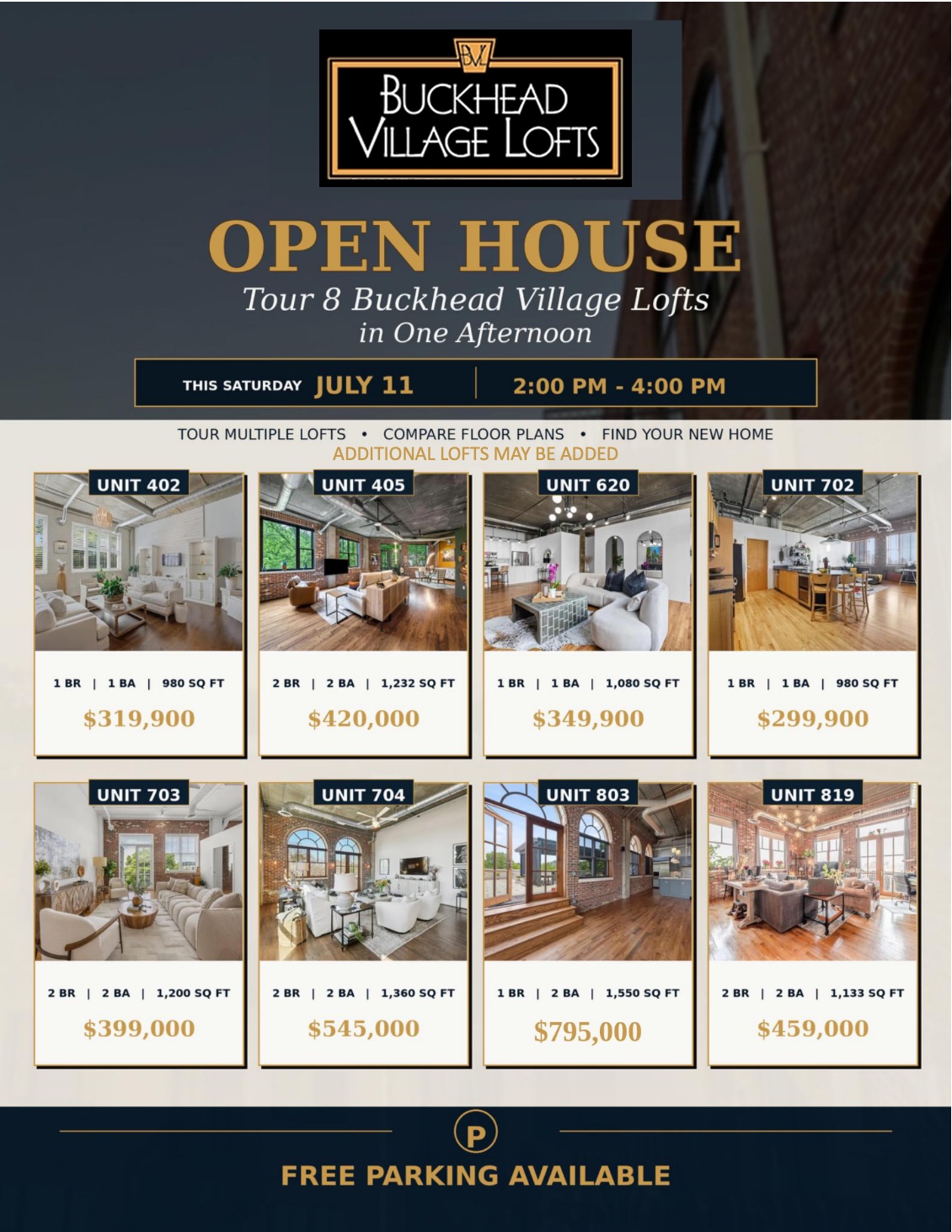 Eight lofts open house at Buckhead Village Lofts