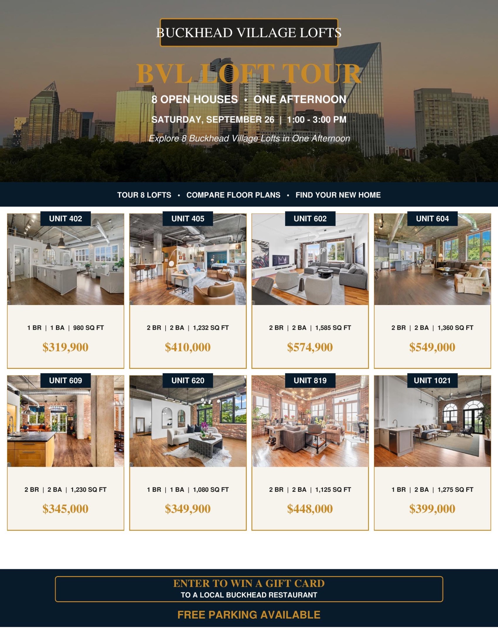 BVL Loft Tour featuring eight Buckhead Village Lofts open houses on September 26